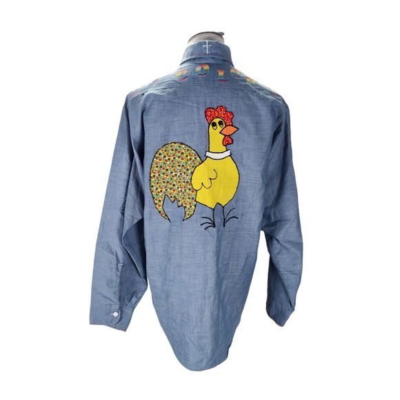 Vintage 70s Embroidered Work Shirt Size L Chambray De Colores Chicken - Picture 10 of 16
